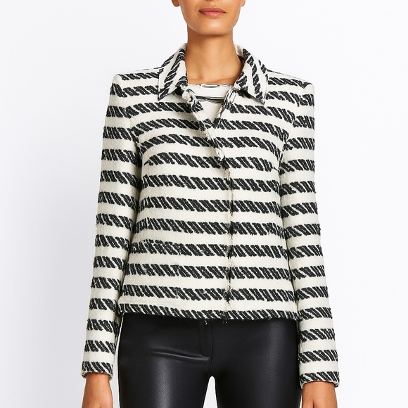$2095 ESCADA Tweed Striped Jacket – White/Navy - Picture 3 of 10